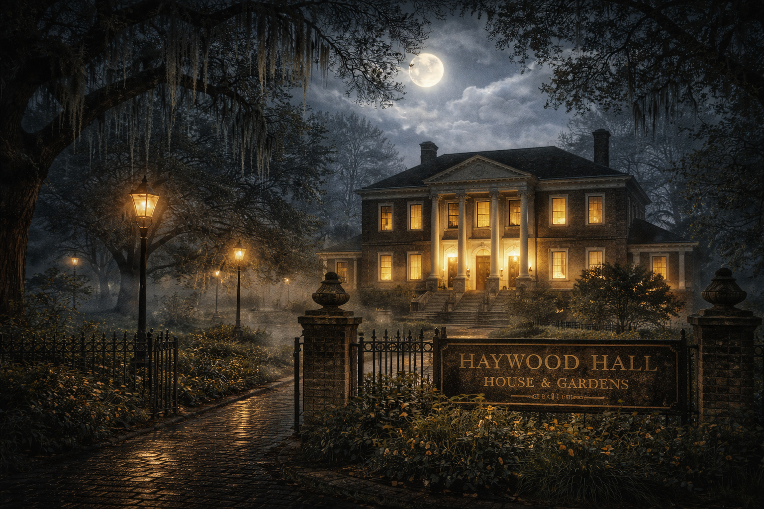 Haywood Hall House and Gardens in Raleigh at night